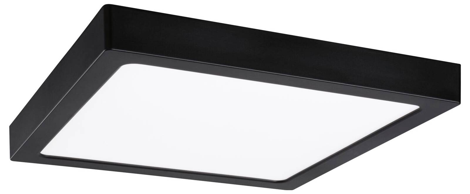 Schwarze quadratische LED-Deckenleuchte mit weißem Diffusorpaneel, von unten auf weißem Hintergrund gezeigt.