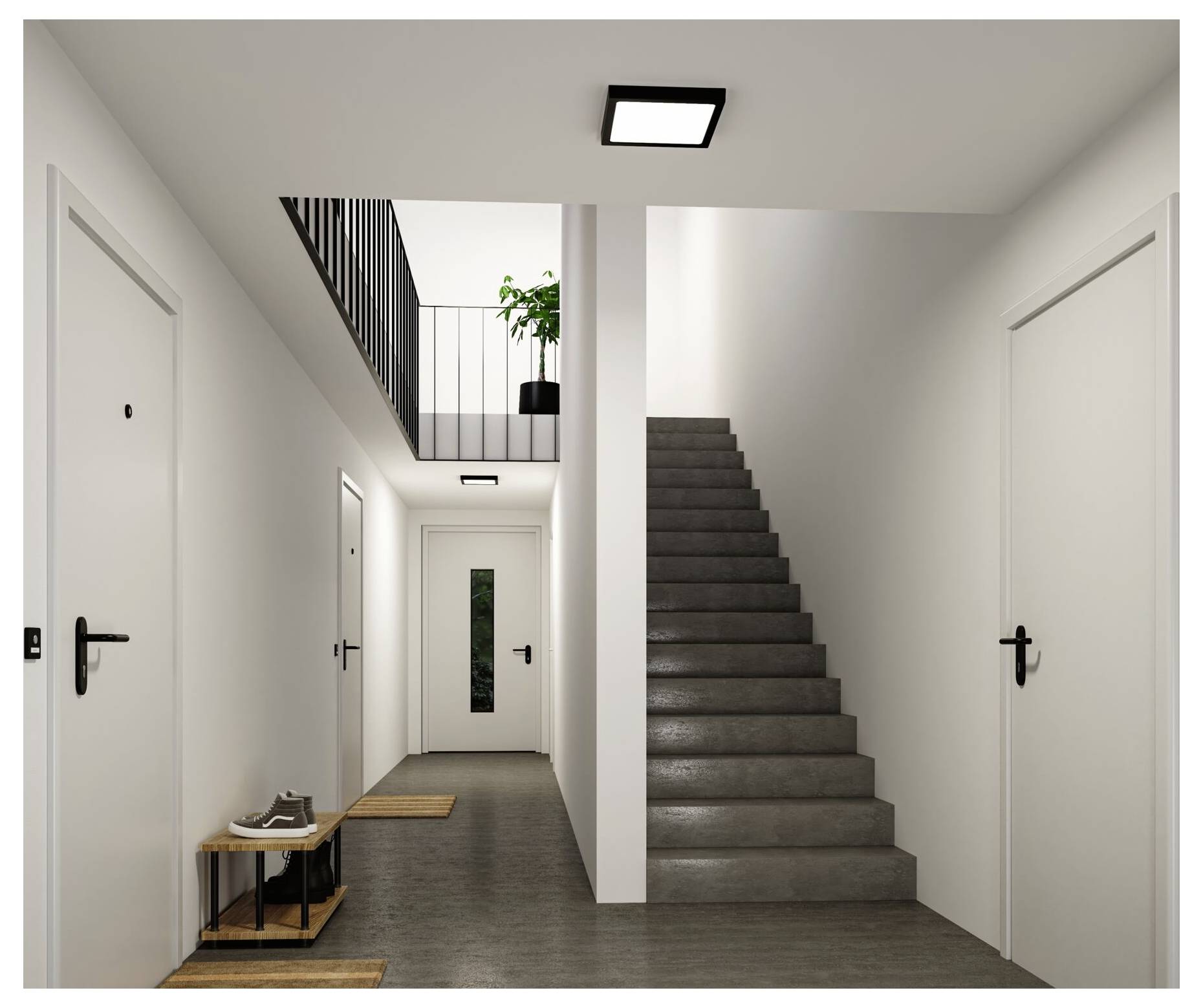 Moderner Apartmentkorridor mit mehreren weißen Türen, einer Treppe auf der rechten Seite und einer kleinen Pflanze auf einem oberen Treppenabsatz.