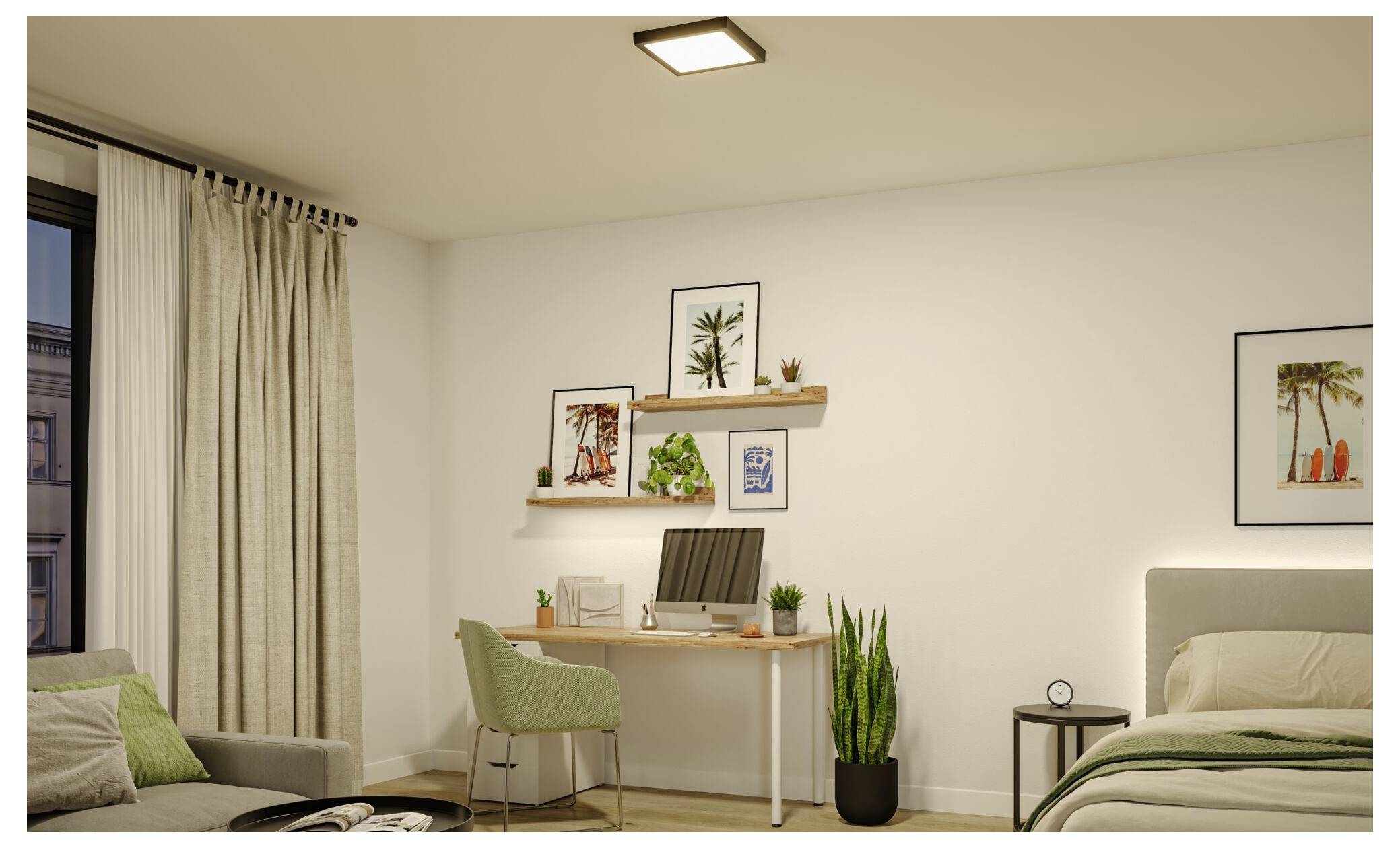 Minimalistisches Schlafzimmer mit einem Schreibtisch-Arbeitsbereich, grünem Stuhl, Bett, Vorhängen, Wandkunst und Topfpflanzen in einem aufgeräumten modernen Raum.