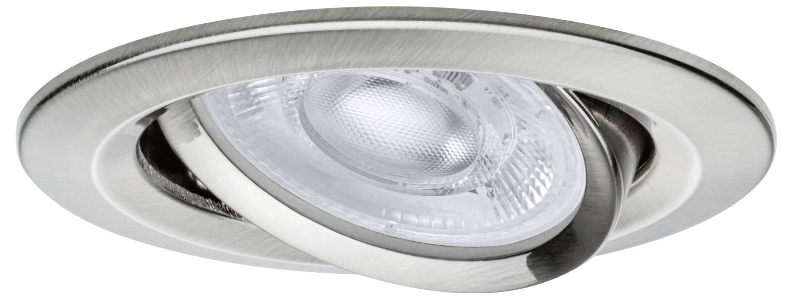 Nahaufnahme eines eingebauten verstellbaren Deckenspotlights mit silberner Blende und klarer Glühbirnenlinse.