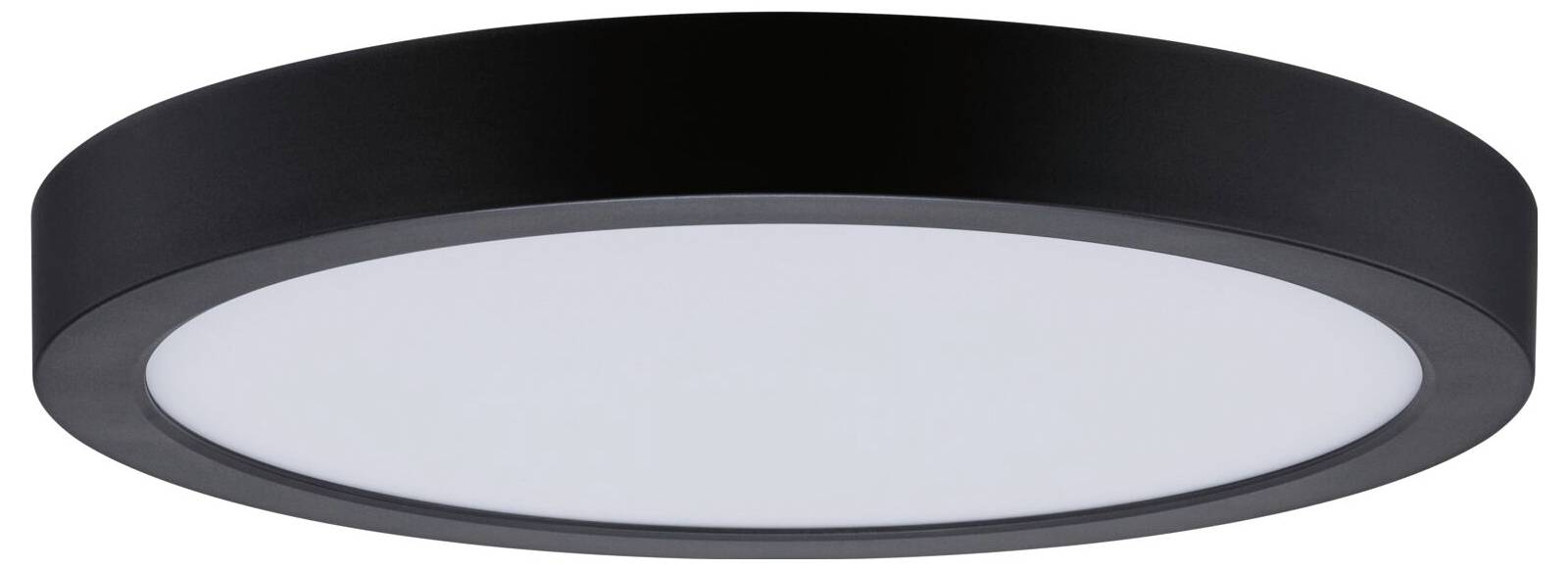 Runde schwarze Deckenleuchte mit mattem weißem Diffusor, vor einfachem Hintergrund dargestellt.