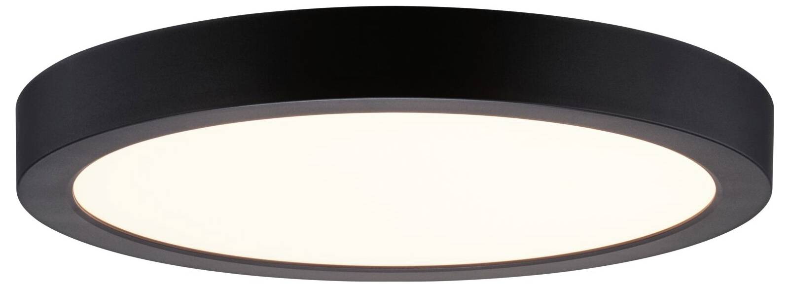 Schwarze, kreisförmige, bündig montierte Deckenleuchte mit weißem Diffusor, von unten auf weißem Hintergrund dargestellt.