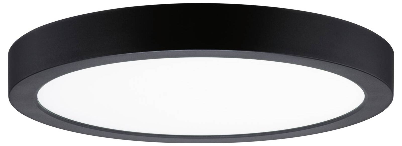 Schwarze kreisförmige bündige Deckenleuchte mit weißem Diffusor, vor einem einfachen weißen Hintergrund dargestellt.