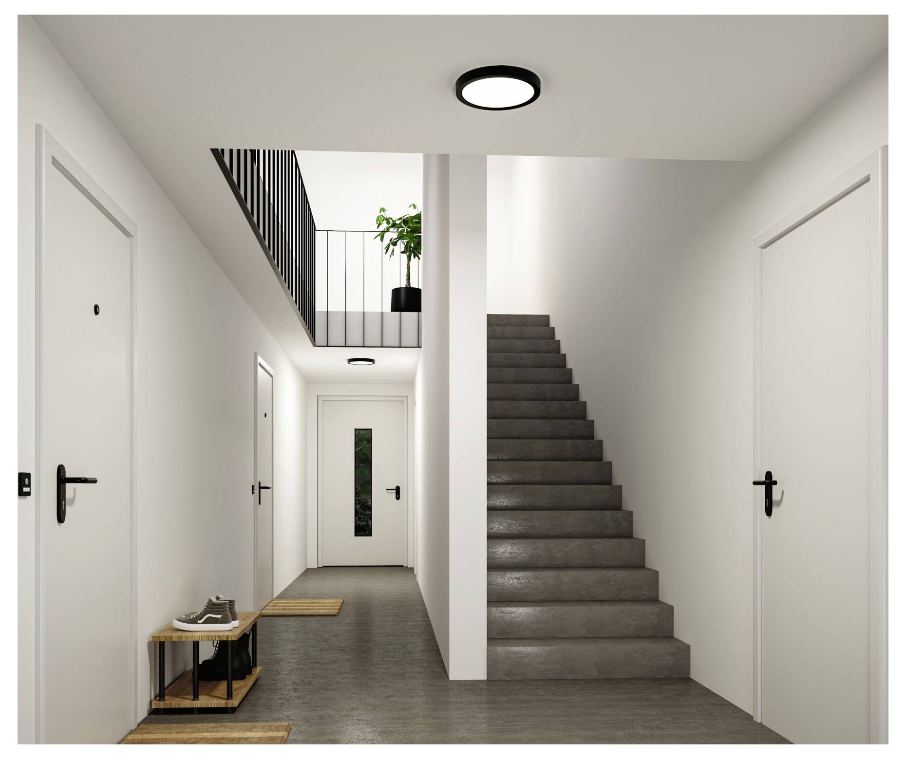 Moderner weißer Flur mit mehreren Türen, einer Treppe auf der rechten Seite und einer kleinen Pflanze auf einem oberen Treppenabsatz.