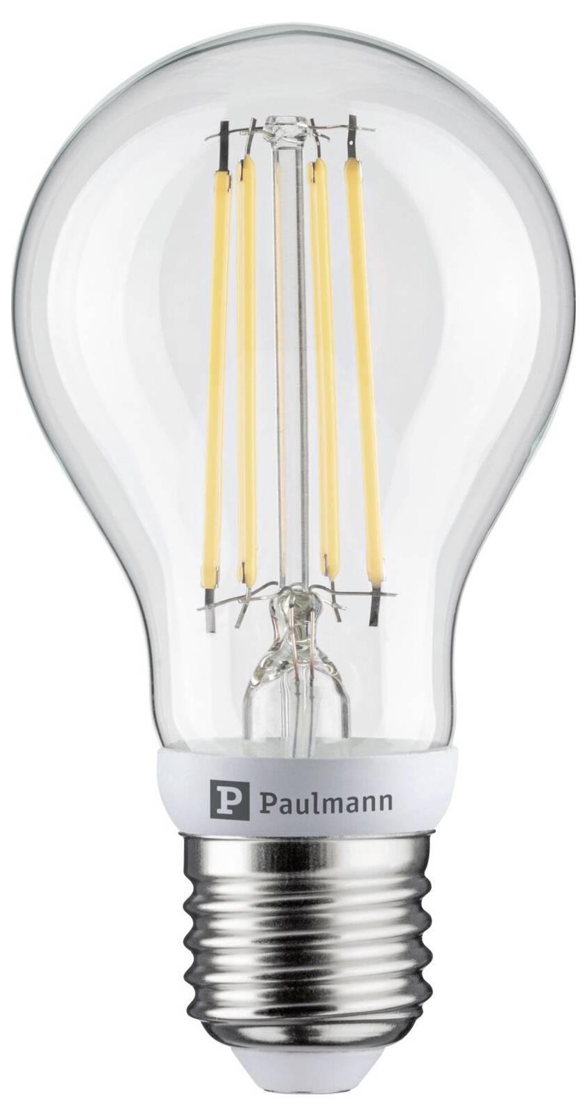 Klare LED-Glühbirne mit sichtbarem Glühfaden und „Paulmann