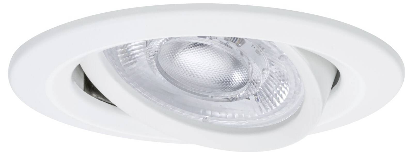 Nahaufnahme eines eingelassenen Deckenspots mit weißer Blende und reflektierendem Lamphengehäuse.