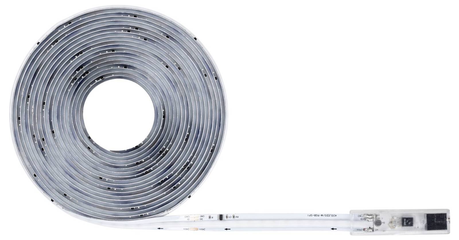 Aufgerollter grauer LED-Streifenlichter mit angeschlossenem Stromstecker auf weißem Hintergrund.