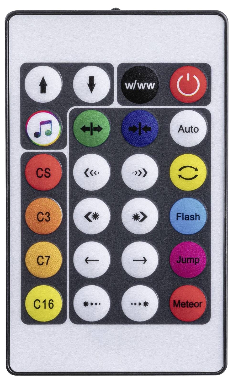 Eine tragbare Fernbedienung mit farbcodierten Tasten für Stromversorgung, Musik, Auto, Blitz, Sprung, Meteor und Kanaleinstellungen, wahrscheinlich für Lichteffekte.