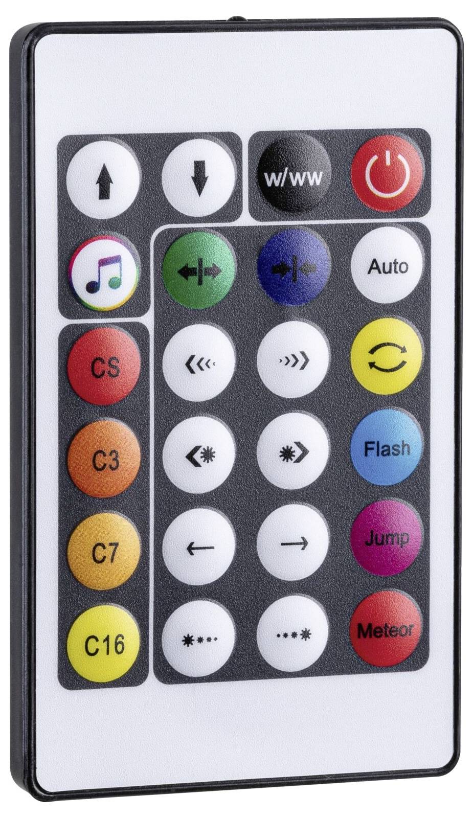 Eine tragbare Fernbedienung mit vielen beschrifteten Tasten für Lichteffekte, einschließlich Ein-/Ausschalter, Auto, Blitz, Sprung, Meteor, Farbmodi und Geschwindigkeitsregler.