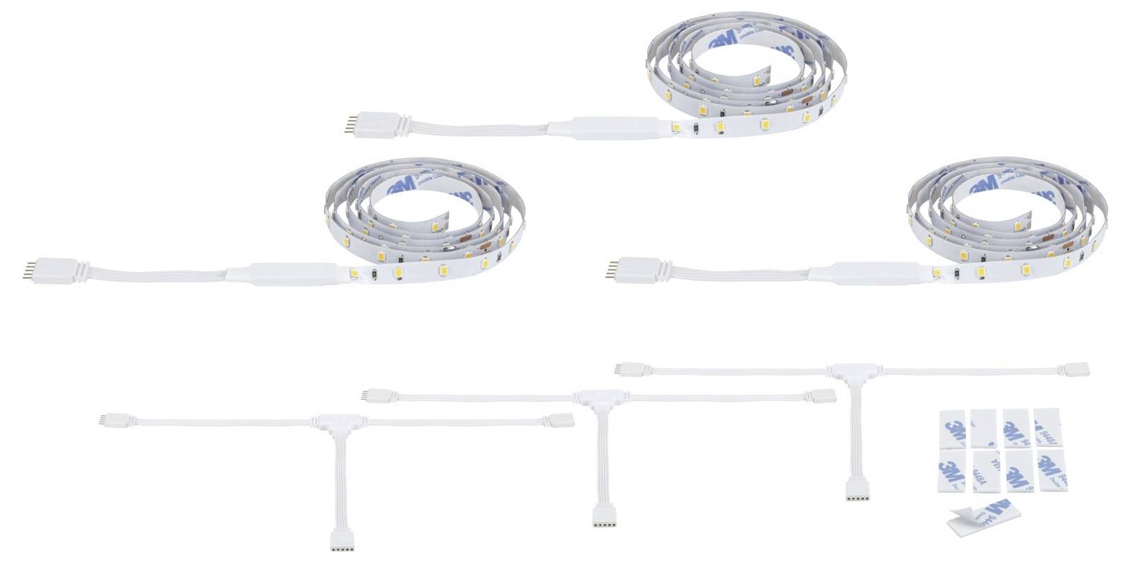 Weißes LED-Lichtstreifenset mit USB-Stecker, aufgerollten Streifen, T-förmigen Verbindern und selbstklebenden Befestigungsclips in mehreren Längen und Ansichten dargestellt