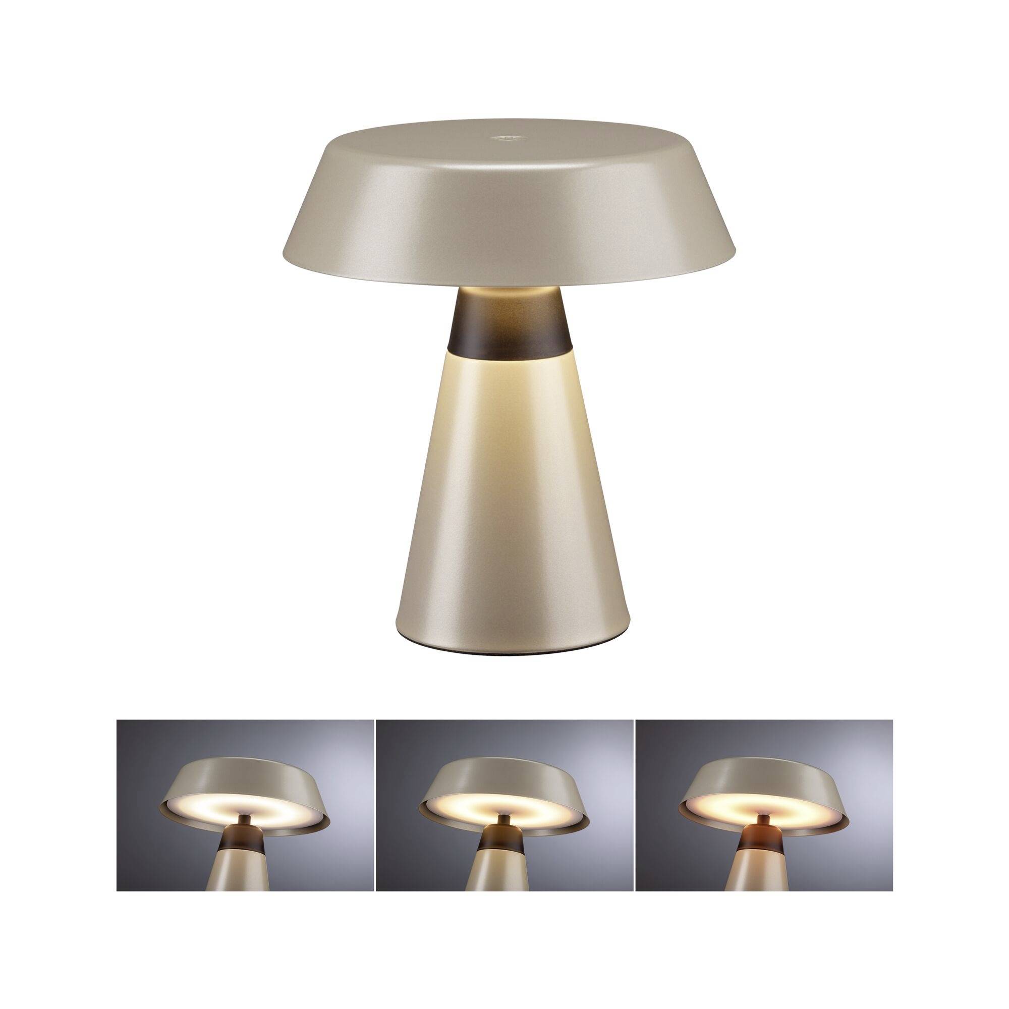 Eine moderne pilzförmige Tischlampe in Beige und Braun, dargestellt in einer Hauptansicht mit Licht an, zusammen mit drei kleineren Fotos seiner leuchtenden Lichteinstellungen.