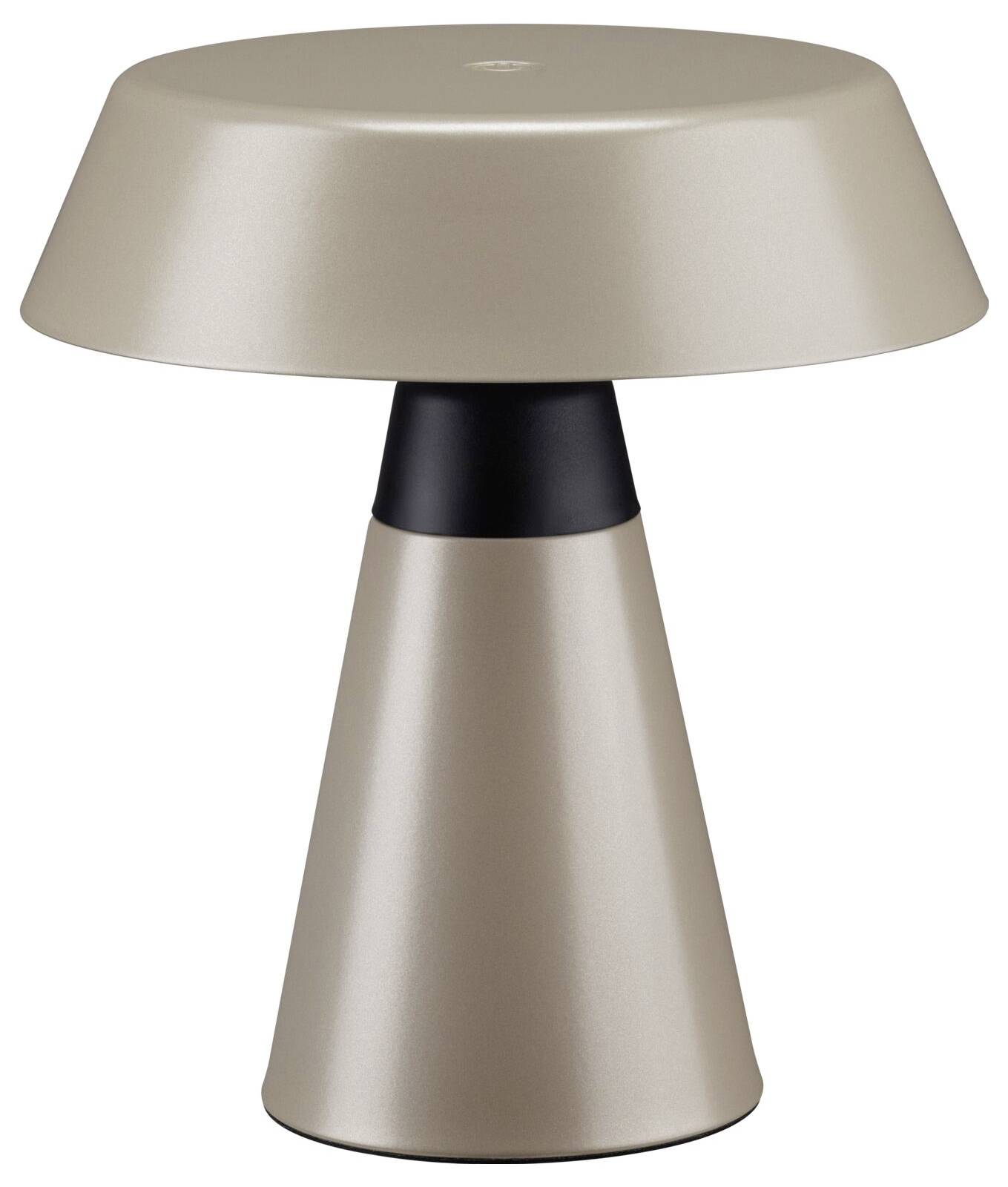 Eine moderne beigefarbene Tischlampe mit einem breiten Trommenschirm und konischer, sich verjüngender Basis, akzentuiert durch ein schwarzes Band unter dem Schirm.