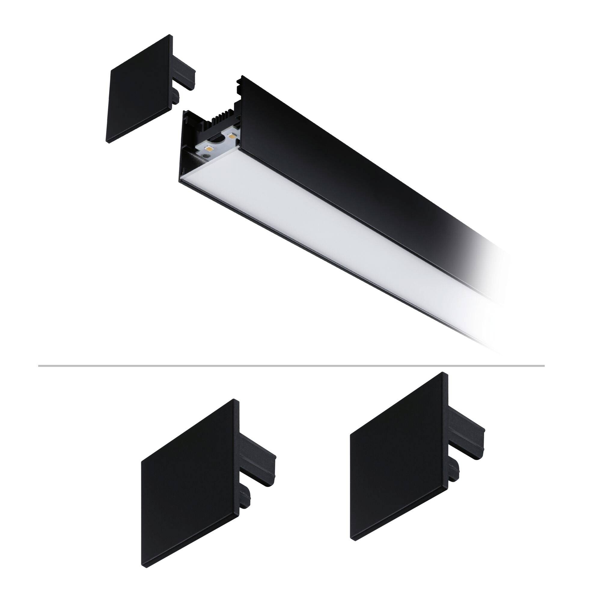 Explosions- und Montageansichten einer schwarzen linearen Leuchte mit Endkappe, die das spurgeführte Gehäuse und das Diffusorpanel zeigen.
