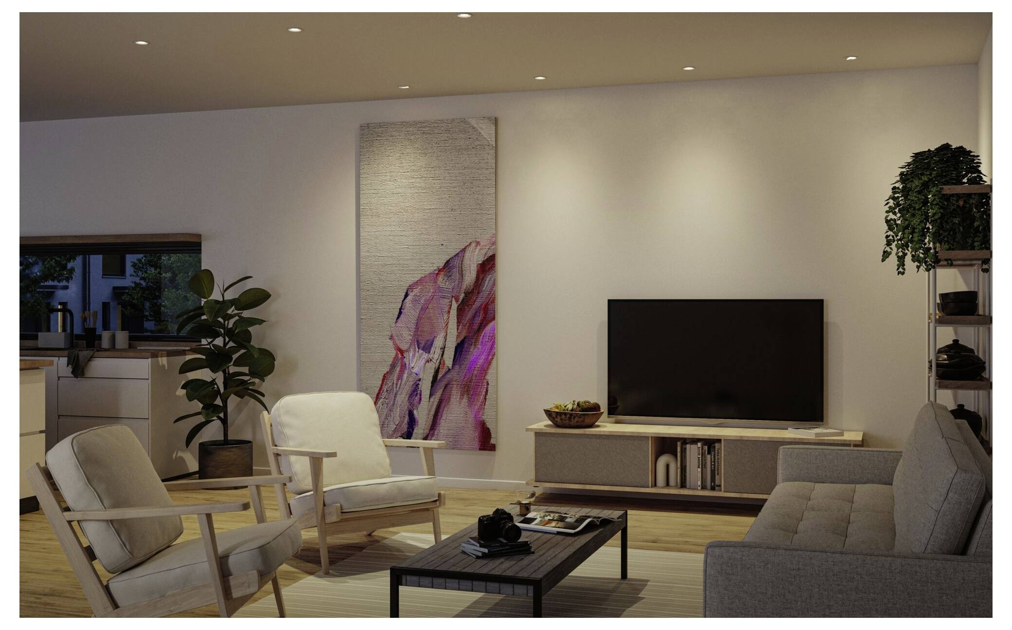 Modernes Wohnzimmer mit Sofa, zwei Sesseln, Couchtisch, TV-Konsole, Topfpflanzen und abstrakter Wandkunst unter warmen Deckenleuchten.