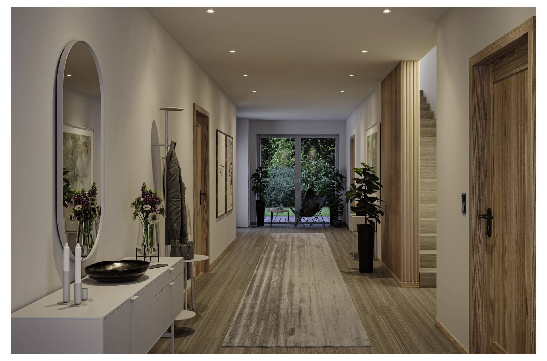 Moderner Flur mit Holzfußboden, Beistelltisch und Spiegel, Garderobe, Zimmerpflanze, Treppe und Glastüren, die sich zu einem Garten öffnen.