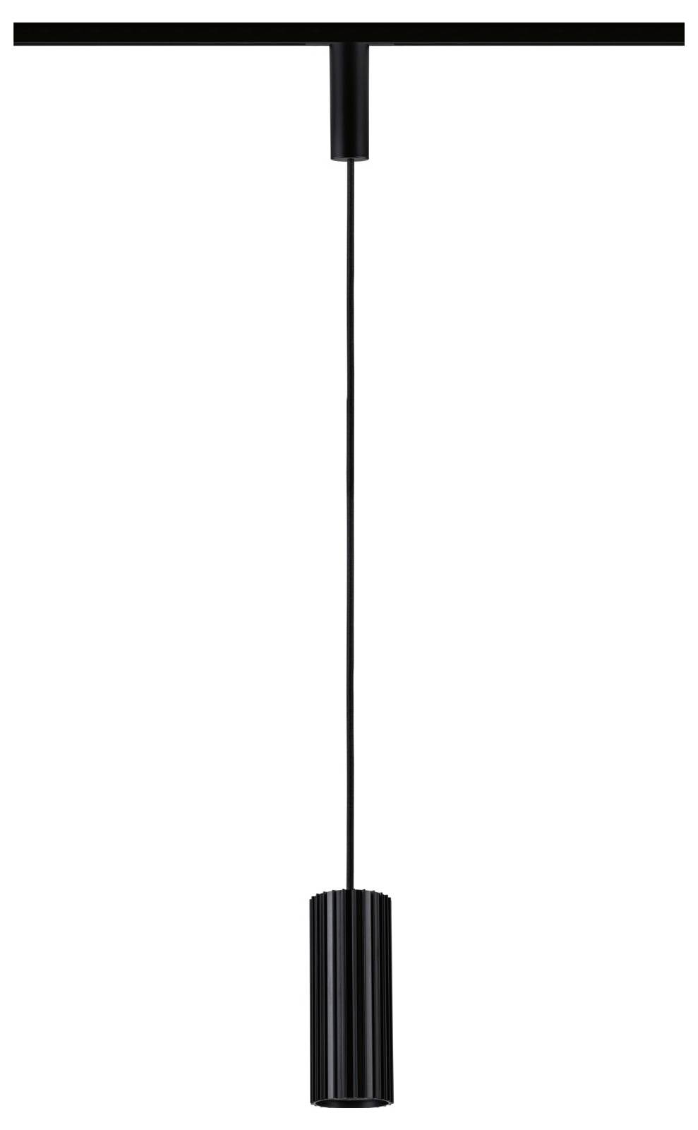 Schwarze Pendelleuchte mit langem Kabel und zylindrischem Schirm, aufgehängt an einer Deckenhalterung auf weißem Hintergrund.