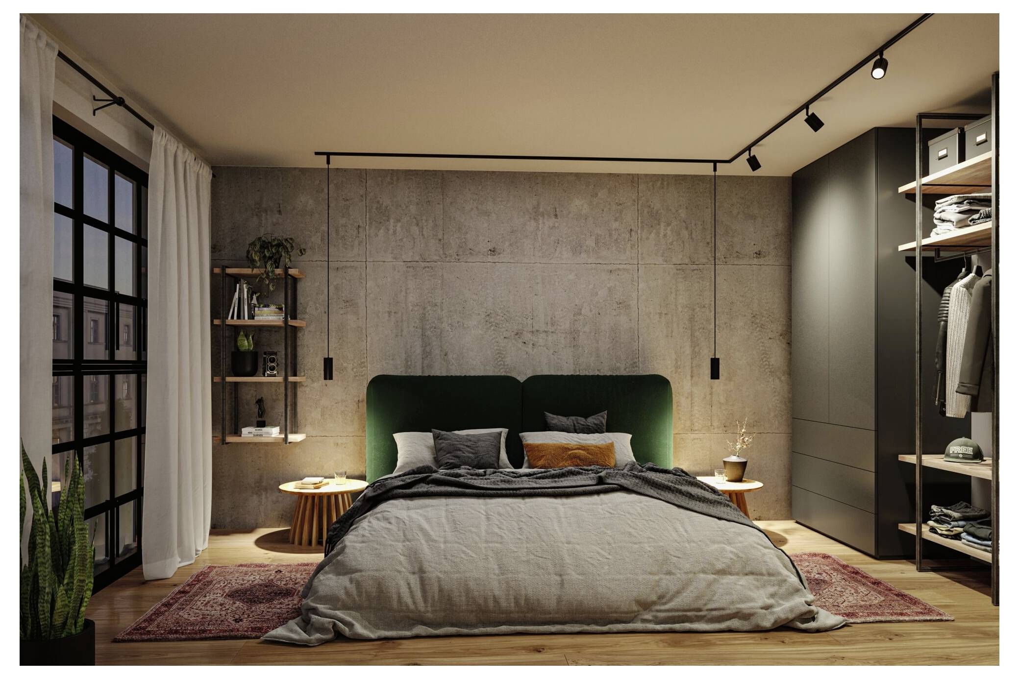 Modernes Schlafzimmer mit niedrigem Bett, grün gepolstertem Kopfteil, Betonakzentwand, Nachttischen, Kleiderschrank und großem Fenster.