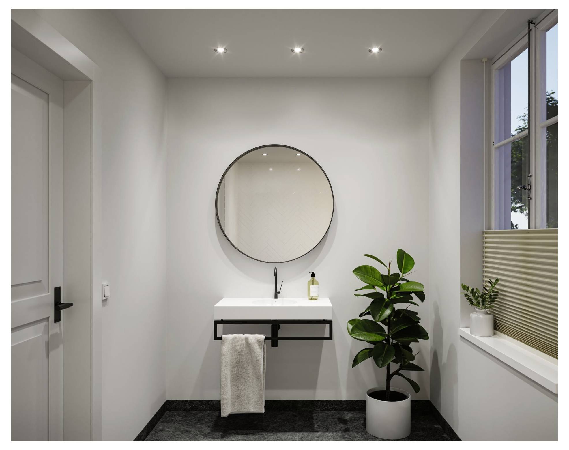 Minimalistisches modernes Badezimmer mit schwebendem Waschbecken, rundem Spiegel, Handtuchhalter, Topfpflanze, Fenster und eingelassenen Deckenleuchten.