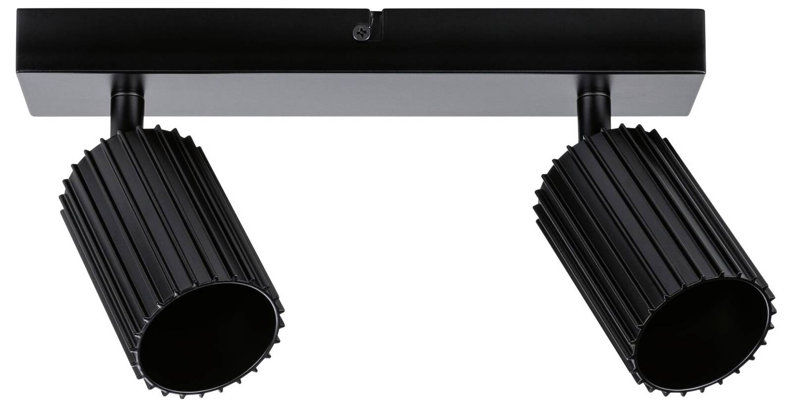 Schwarzte Zweiköpfige Schienenstrahler mit verstellbaren zylindrischen Spotlights auf einer rechteckigen Deckenhalterung.
