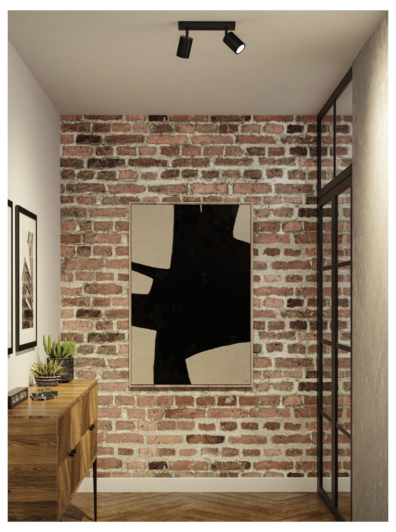 Modernes Interieur mit freiliegender Backsteinwand, abstrakter Schwarz-Beige-Wandkunst, hölzernem Sideboard mit Pflanzen und schwarzgerahmter Glastrennung.