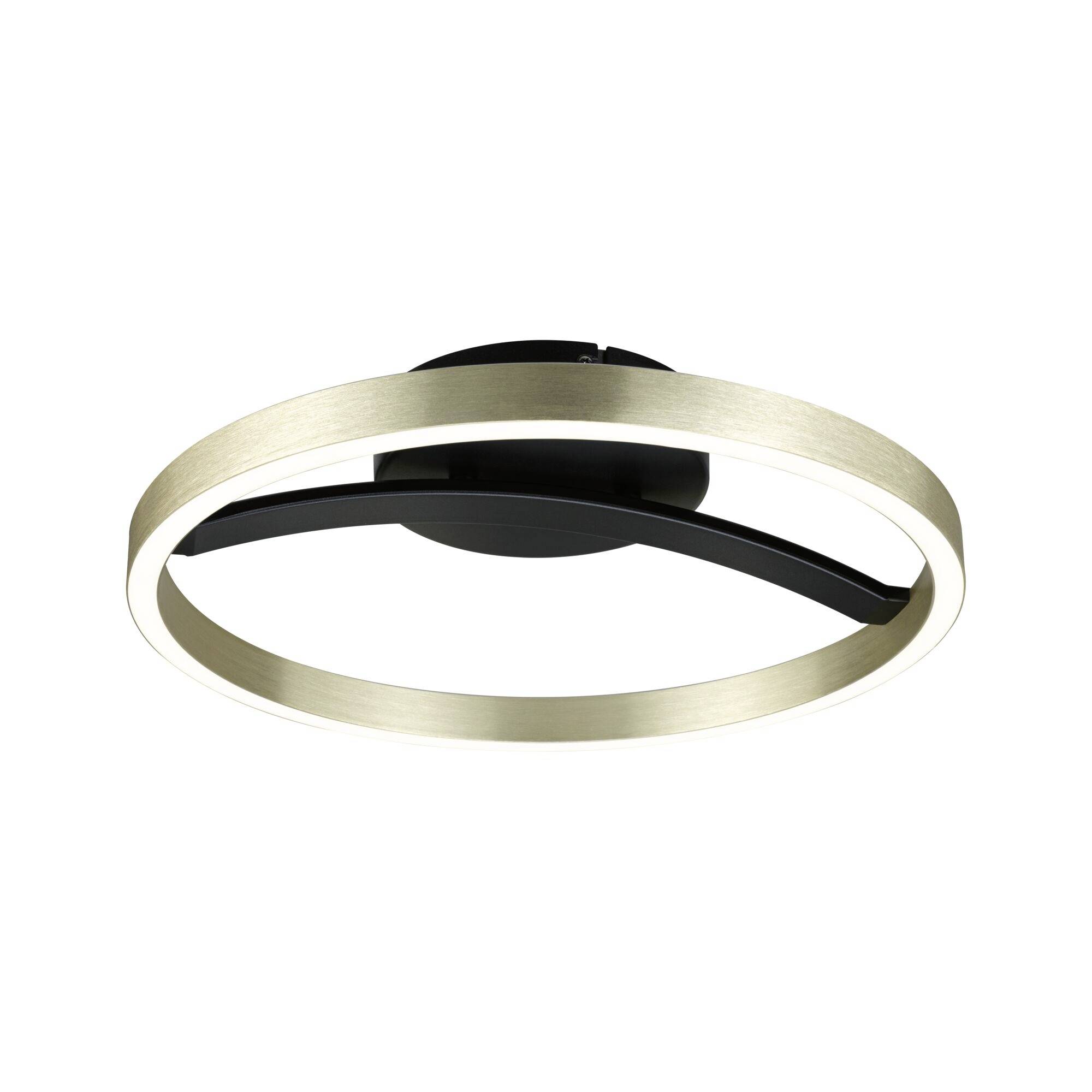 Modernes rundes Deckenleuchte mit gebürstetem Goldring außen und schwarzer Mitte, auf weißem Hintergrund gezeigt.