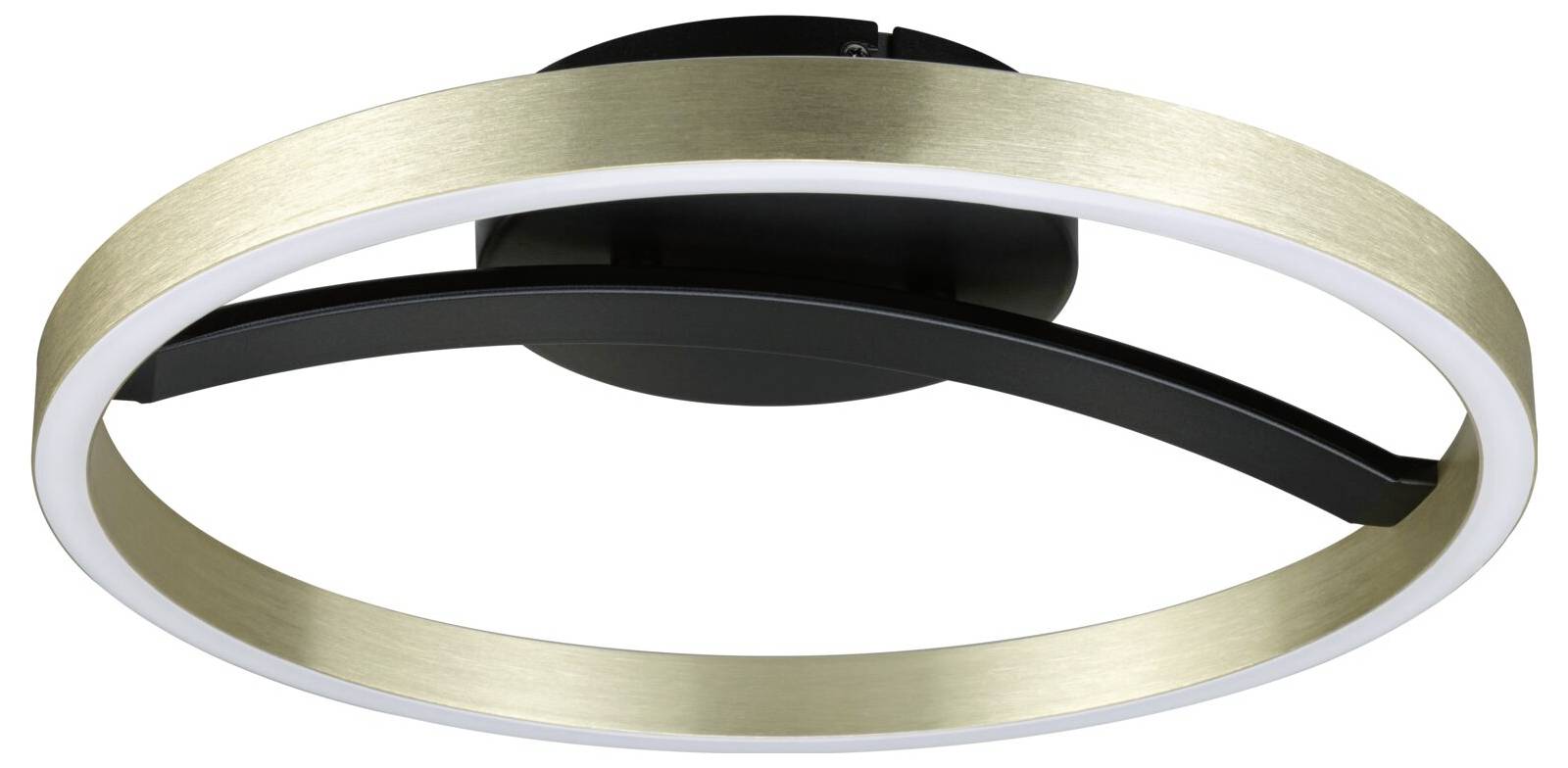 Modernes rundes LED-Deckenleuchte mit gebürstetem Goldring außen und schwarzer Montagebasis.