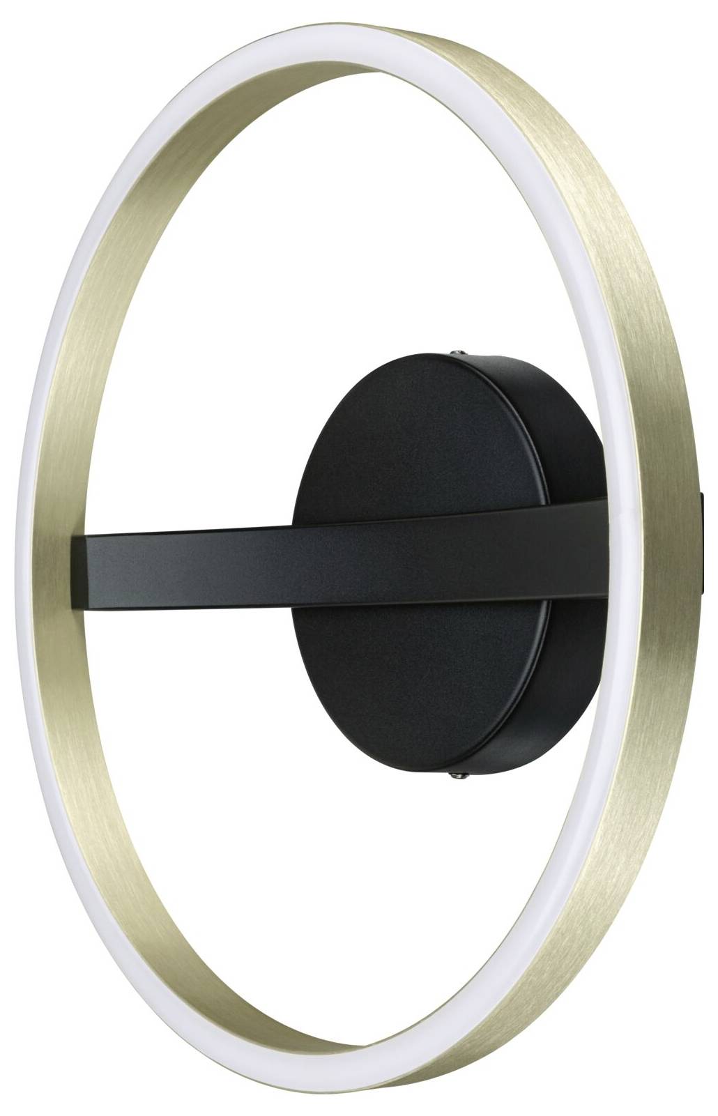 Moderne Wandleuchte mit Kreisform, goldenem und weißem Ring um eine zentrale schwarze Armatur und horizontaler Stange.