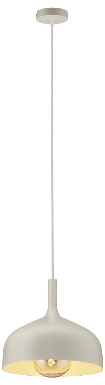 Beige-farbenes Pendelleuchte mit kuppelförmigem Schirm und langem Kabel, erleuchtet vor weißem Hintergrund gezeigt.