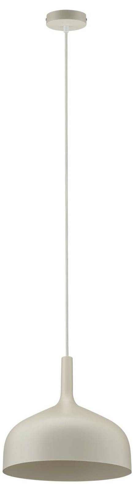 Eine beigefarbene Pendelleuchte mit einem kuppelförmigen Schirm und langer dünner Schnur, die vor weißem Hintergrund hängt.