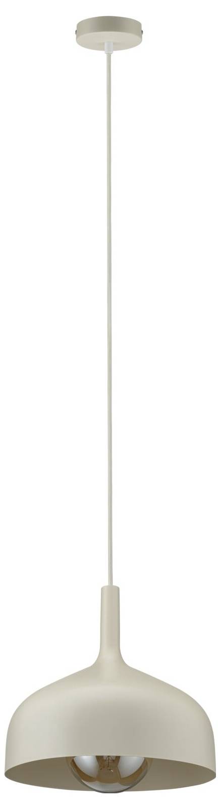 Beige-farbenes Pendelleuchte mit langem Kabel und rundlicher Schirmform, gezeigt vor weißem Hintergrund.