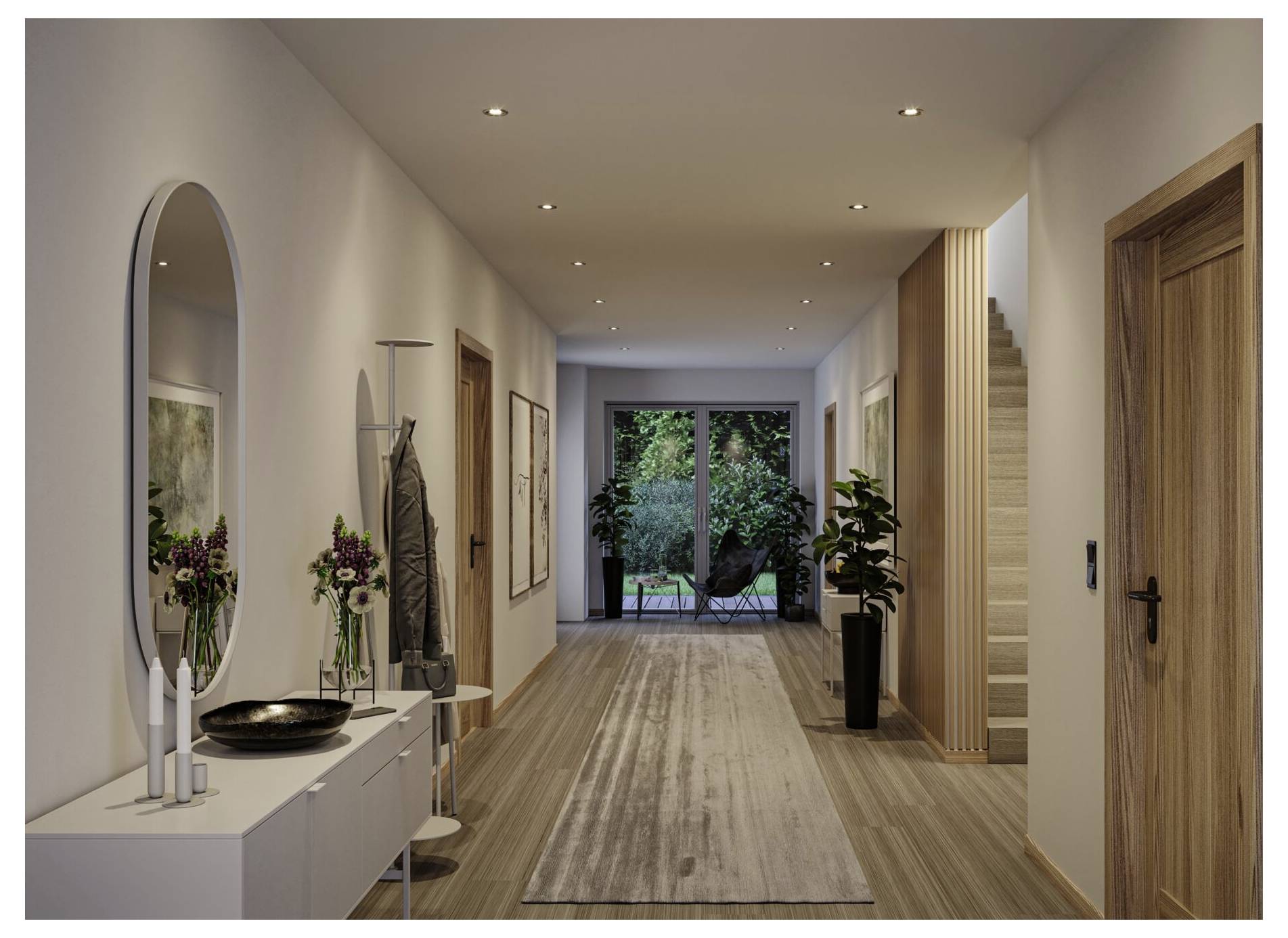 Moderner Flur mit einem Läufer, Konsolentisch und Spiegel, Garderobe, Treppe, Topfpflanze und Glastüren, die sich zum Garten öffnen.