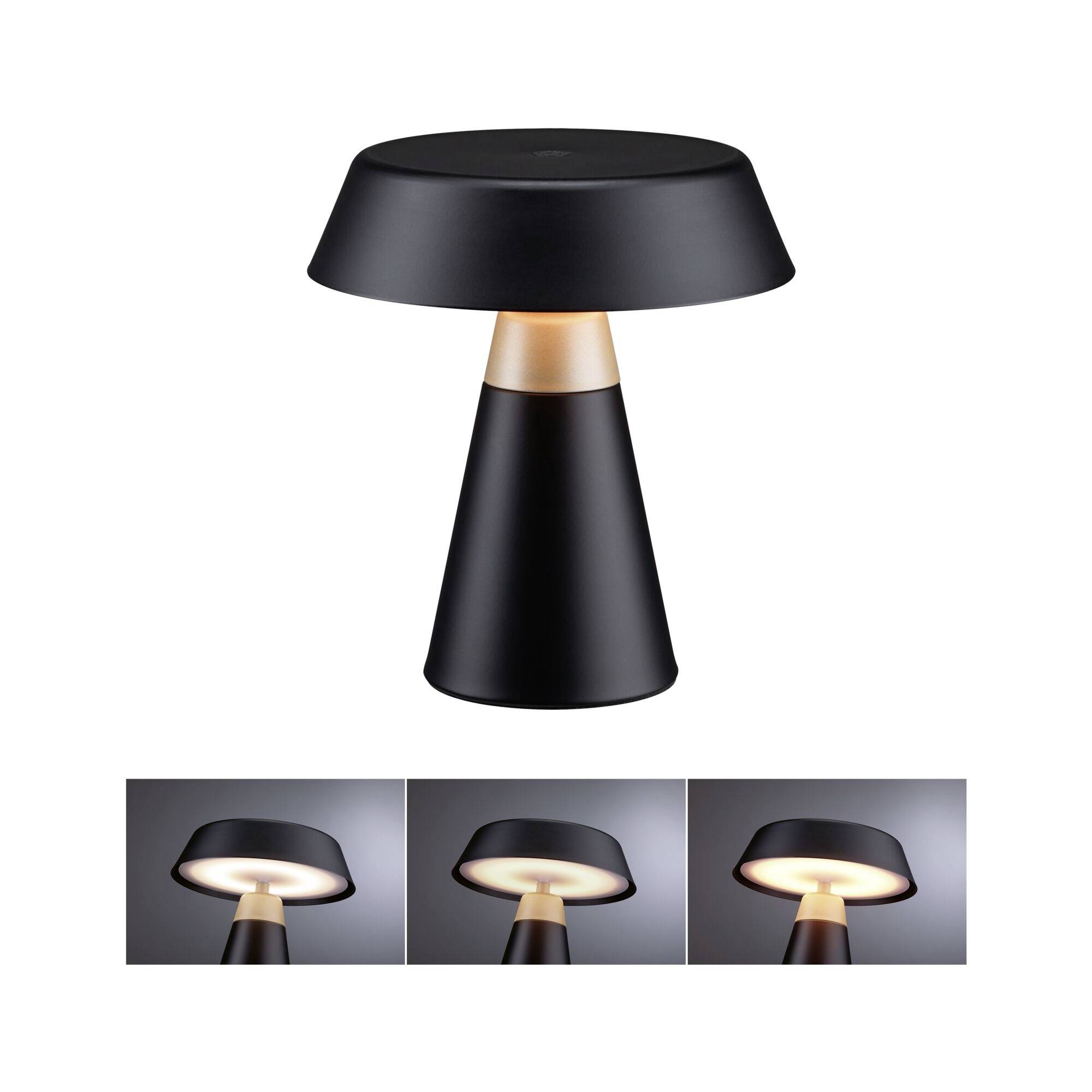 Schwarze moderne pilzförmige Tischleuchte mit goldenem Akzent, dargestellt über drei kleine Beleuchtungsansichten, die sie eingeschaltet zeigen.