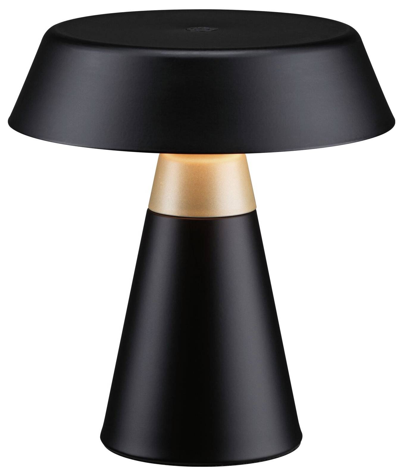 Moderne schwarze Tischleuchte mit breitem Kugelschirm und verjüngtem Sockel, die in der Mitte warm leuchtet.