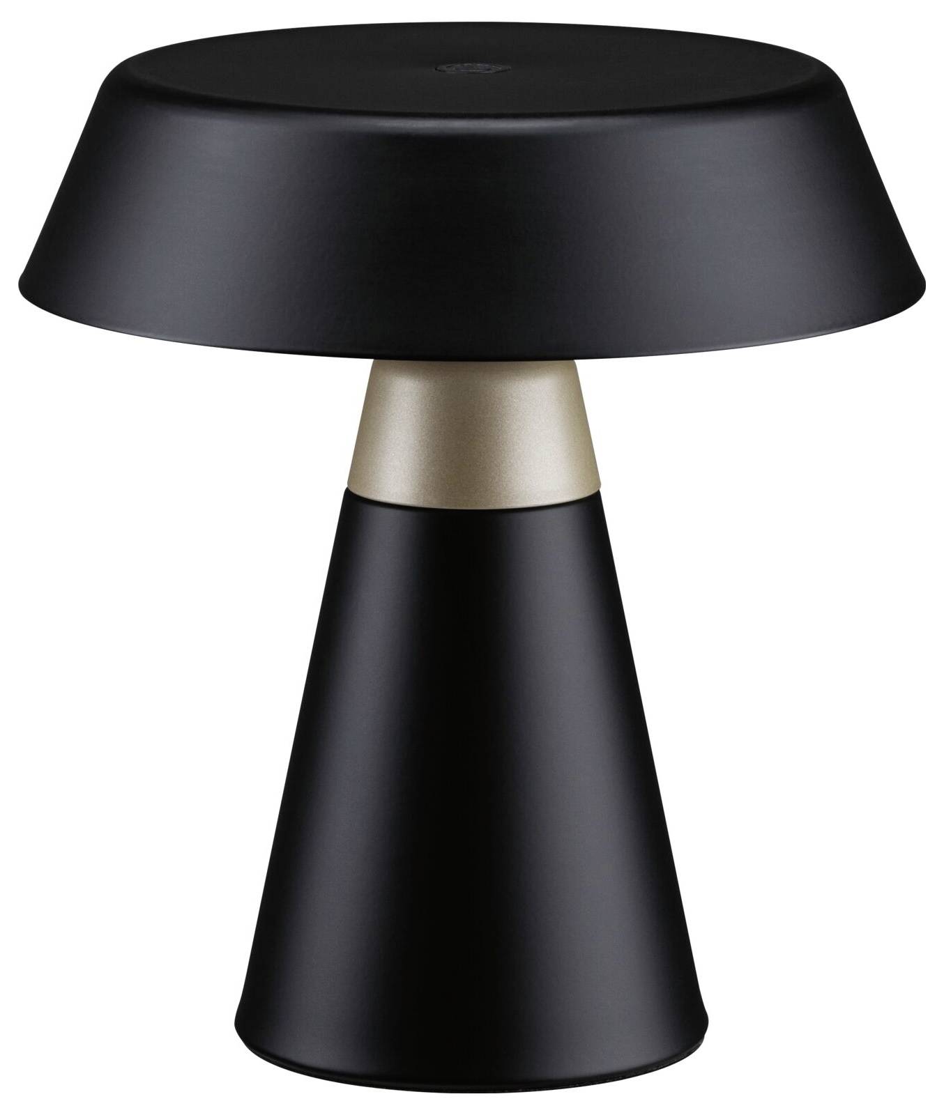 Moderne schwarze Tischlampe mit breitem Schirm in Kuppelform und sich verjüngender Basis, akzentuiert durch ein metallisches Goldband.
