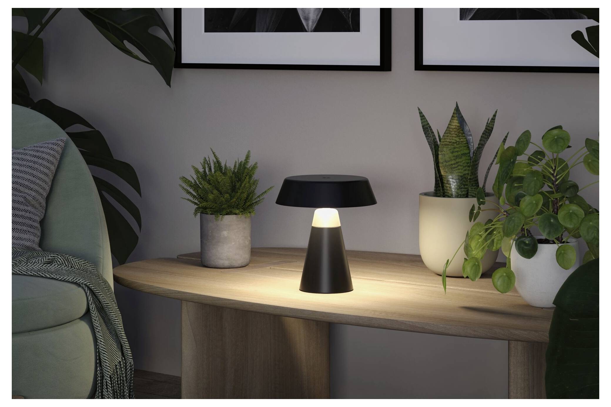 Moderne Tischlampe, die auf einem Holzkonsoltisch leuchtet, umgeben von Topfpflanzen in einem gemütlichen Innenraum.