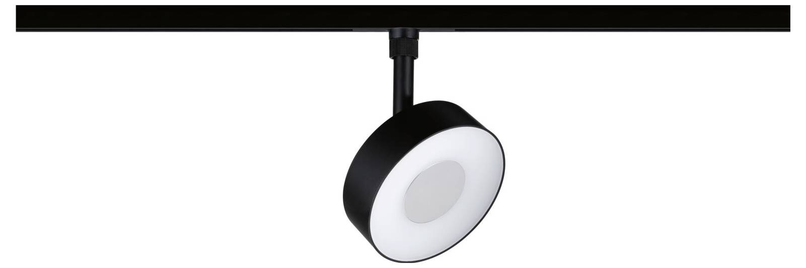 Schwarze Schienenstrahler mit einem runden verstellbaren Spotlight, das von einer Deckenleuchte hängt, vor weißem Hintergrund