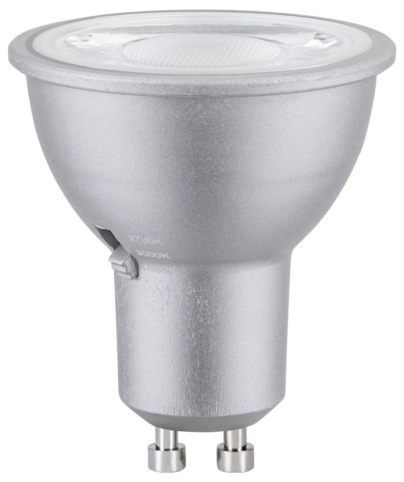 Silberhaltige LED-Spotlightbirne mit Zweipoliger Fassung auf weißem Hintergrund.