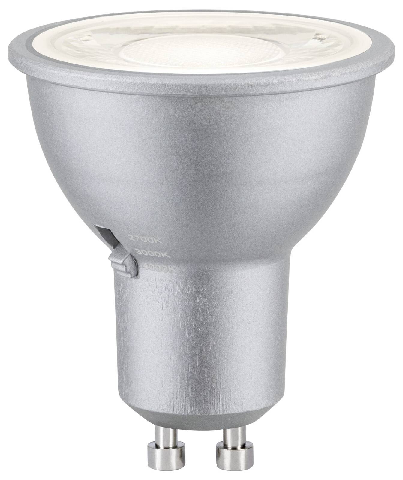 Silber-LED-Spotlightbirne mit zweipoligem Sockel, auf weißem Hintergrund dargestellt.