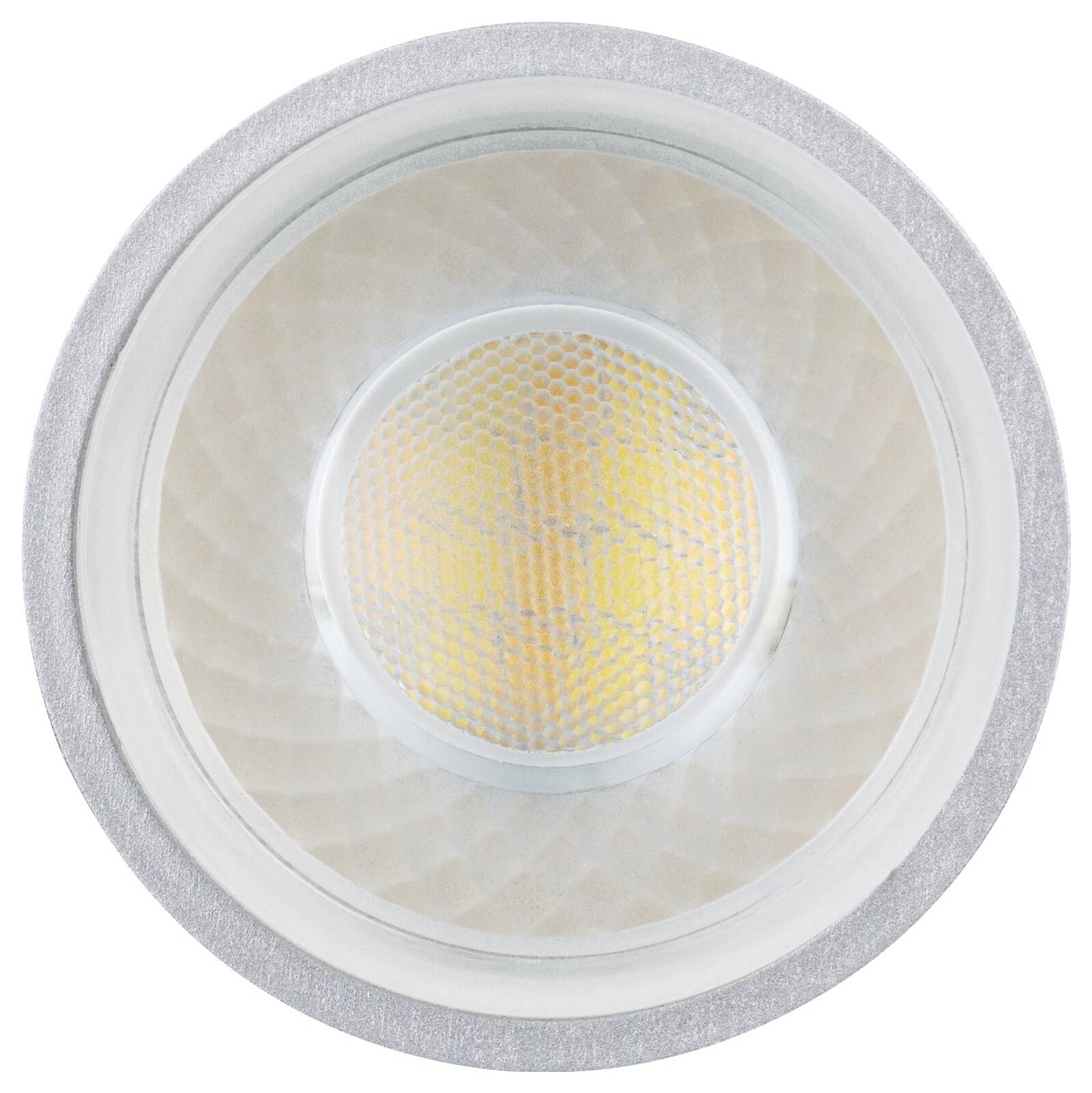 Rundes, eingelassenes LED-Leuchtengehäuse mit mattem Objektiv und silbernem Rand, von vorne auf weißem Hintergrund betrachtet.