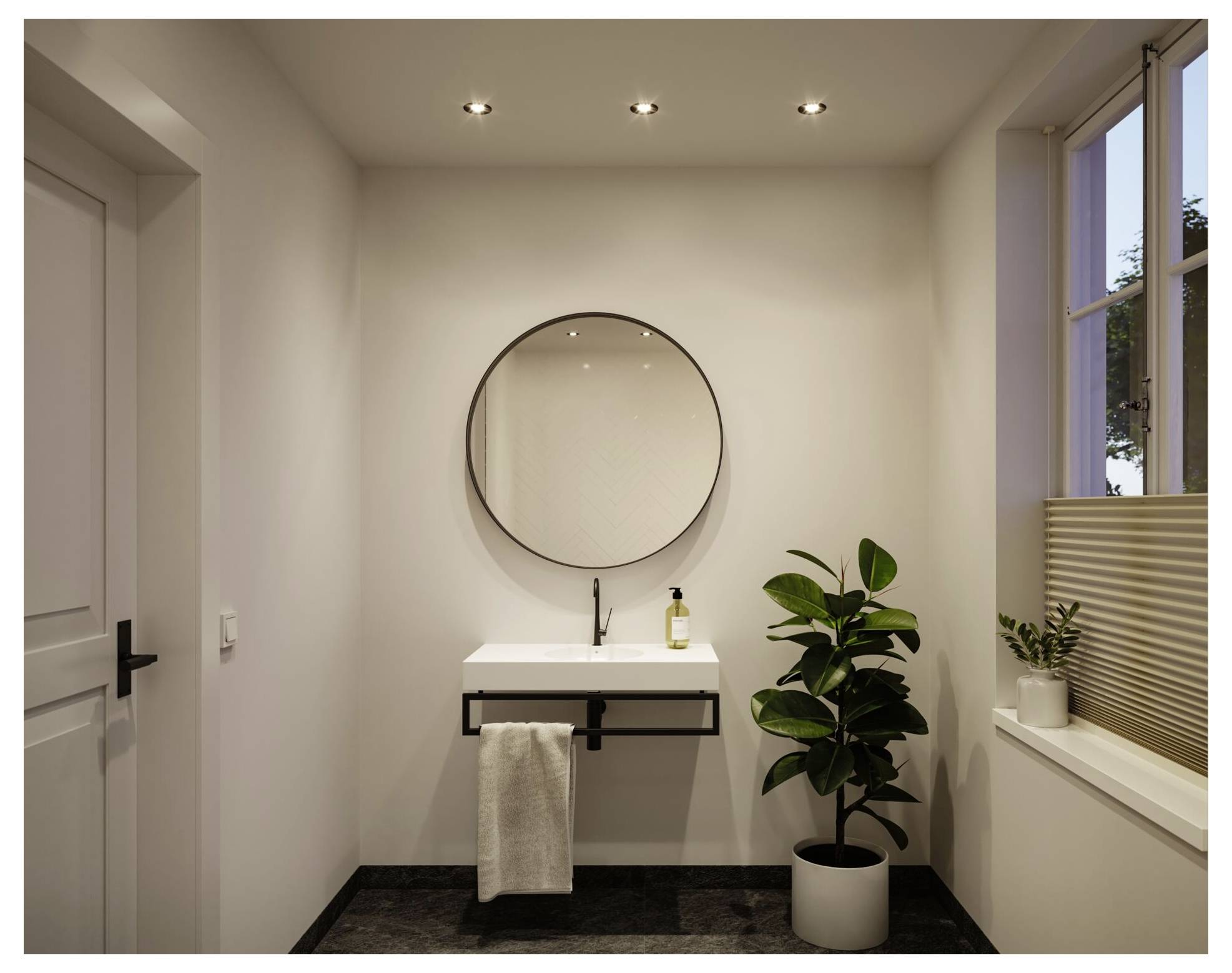 Minimalistisches modernes Badezimmer mit an der Wand montiertem Waschbecken, rundem Spiegel, Handtuch, Topfpflanze und Fensterlicht.