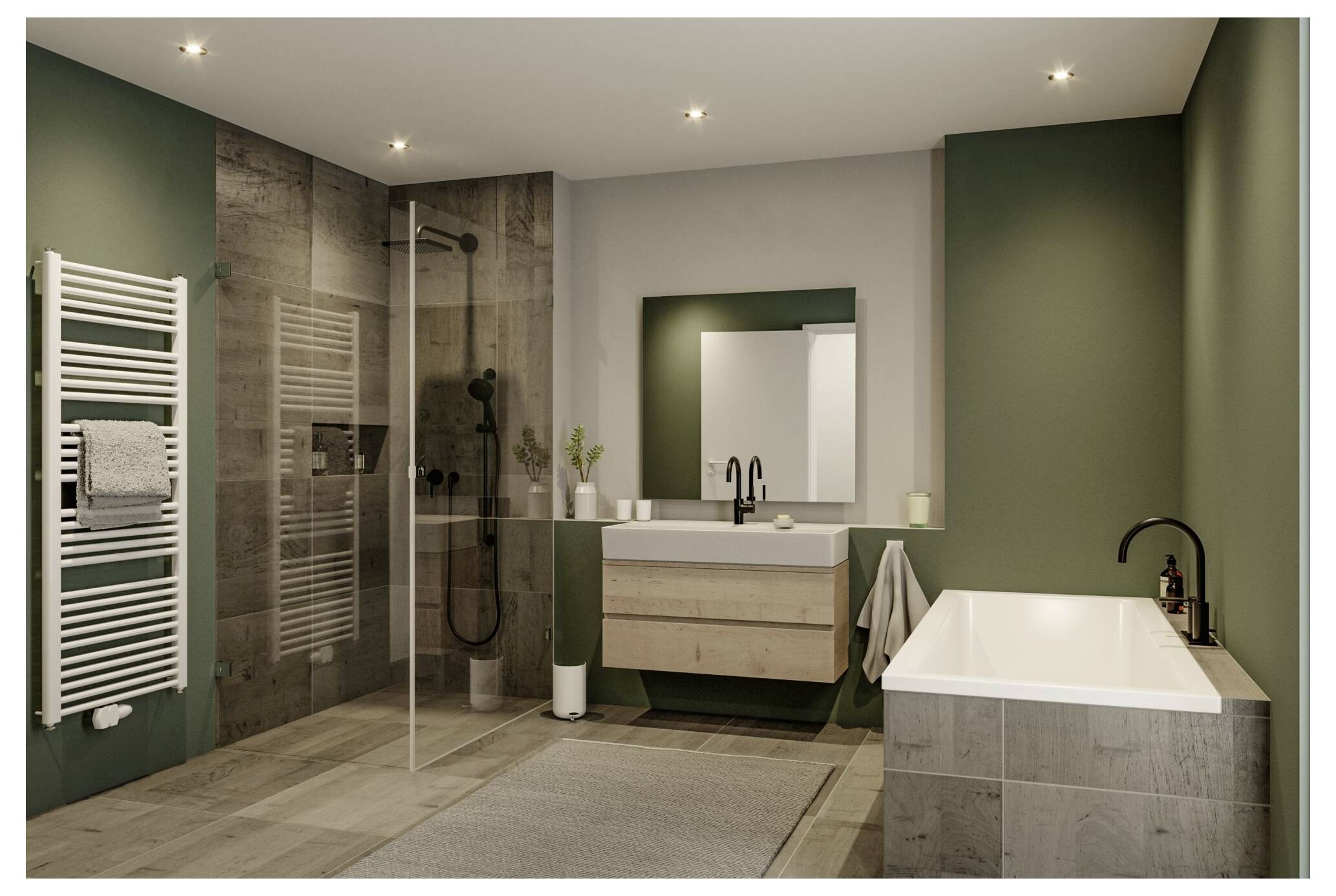 Modernes Badezimmer mit olivgrünen Wänden, Glasdusche, Doppelwaschtisch, Handtuchwärmer an der Wand und freistehender Badewanne unter eingelassenen Lichtern.