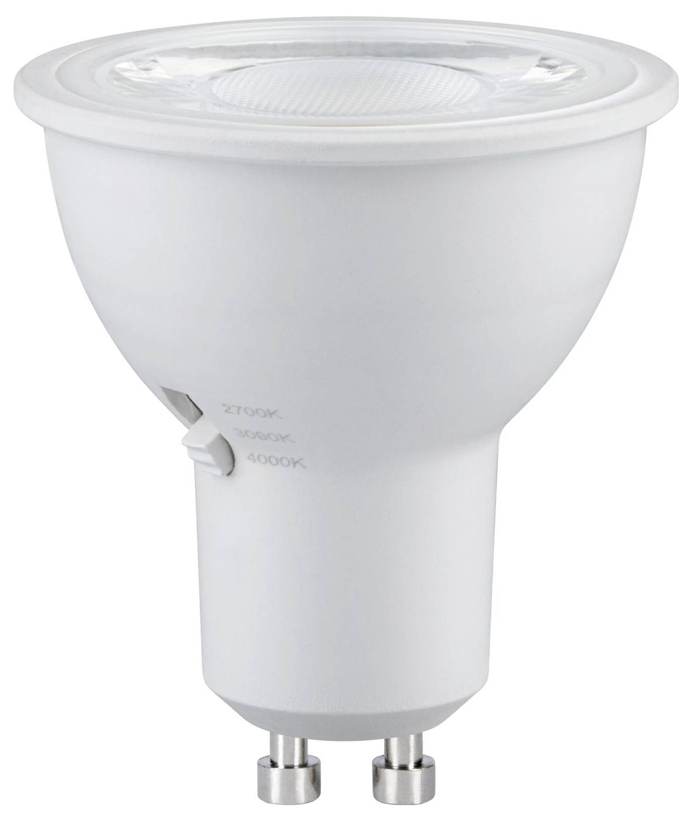 Weiße LED-Spotlightleuchte mit Zweipoliger Fassung und einstellbaren Farbtemperatur-Markierungen