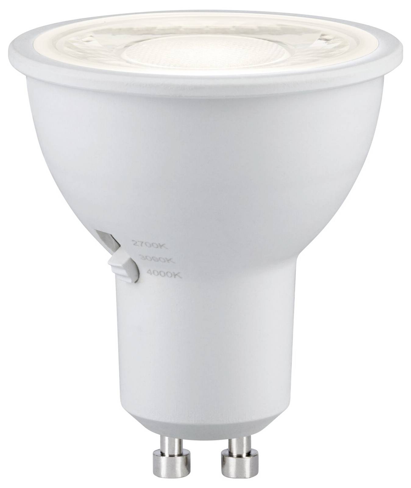 Weiße LED-Spotlichtlampe mit GU10-Fassung und Farbtemperaturwähler mit den Bezeichnungen 2700K, 3000K und 4000K.