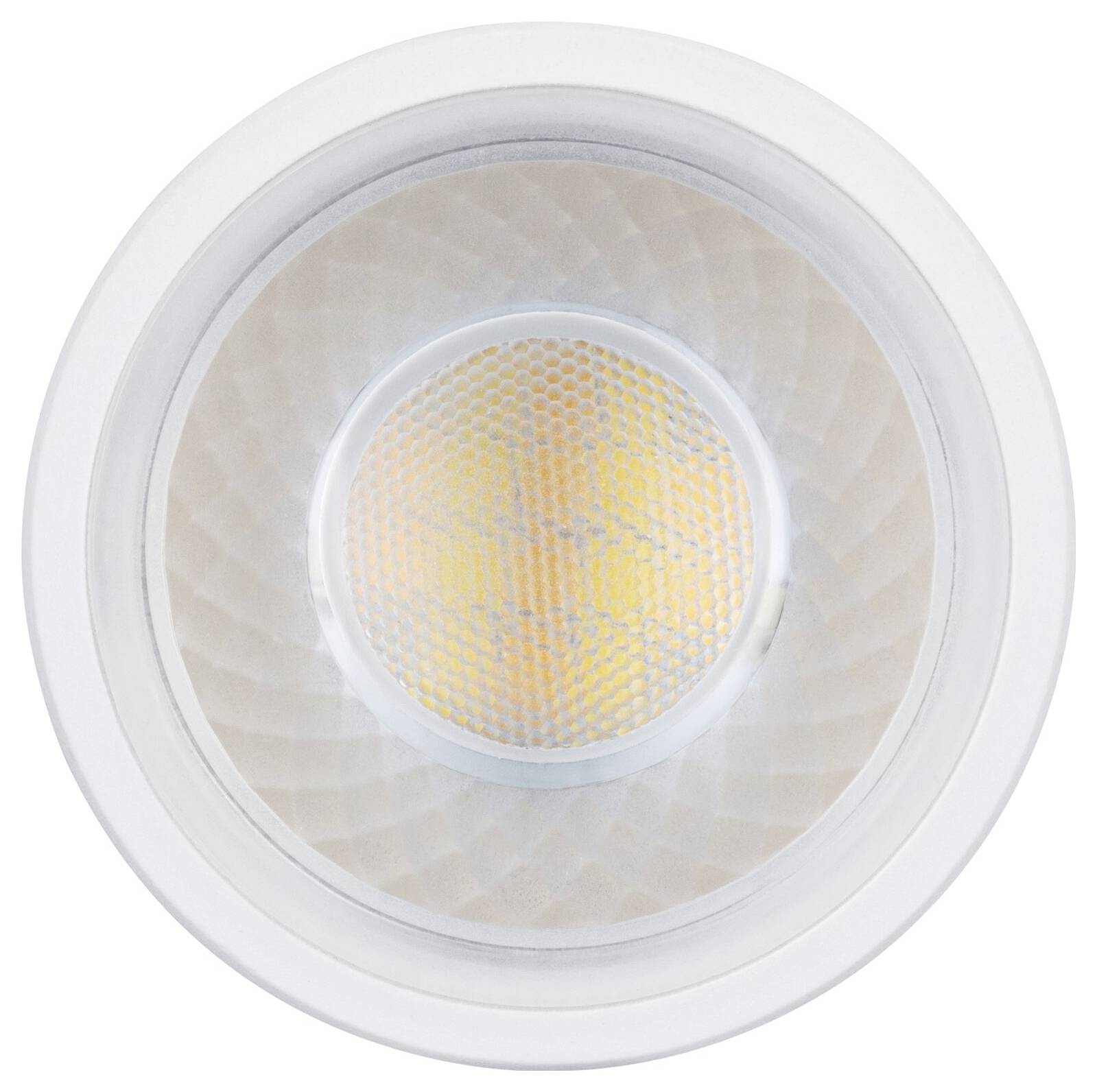 Runde LED-Glühbirne mit mattweißem Gehäuse und strukturierter Zentrallinse, von oben auf weißem Hintergrund betrachtet.