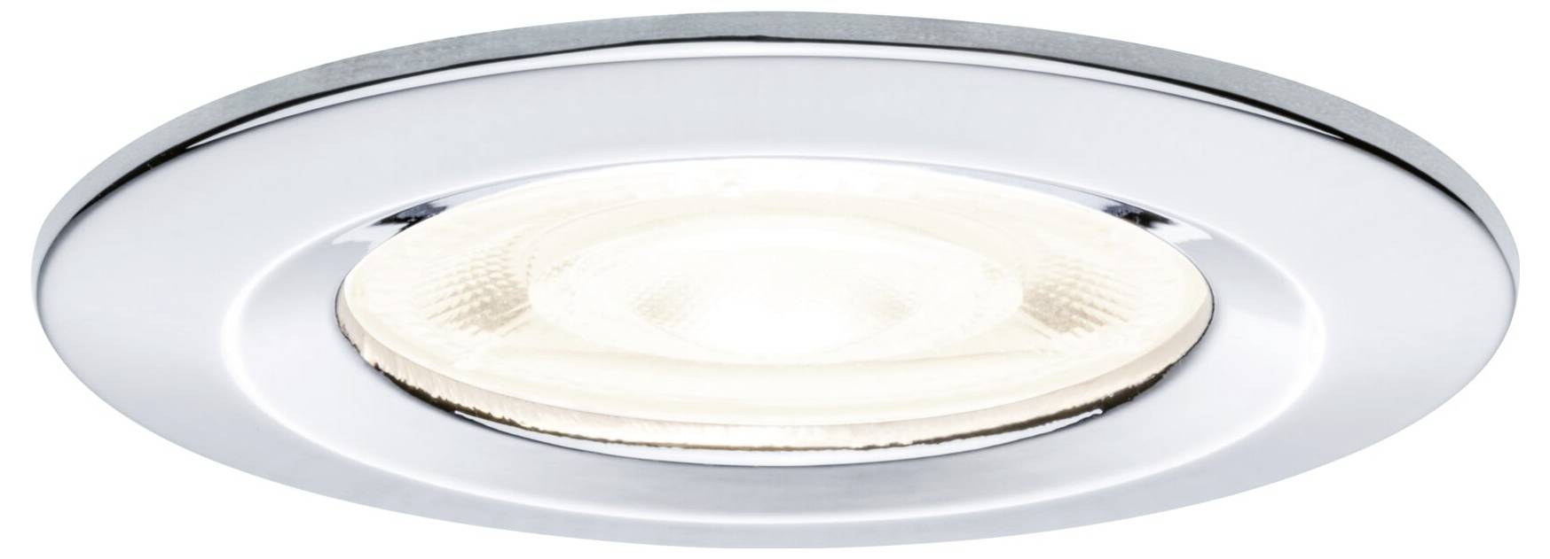 Runde, versenkte Deckenleuchte mit Chromrahmen und mattem Diffusor, von unten betrachtet.