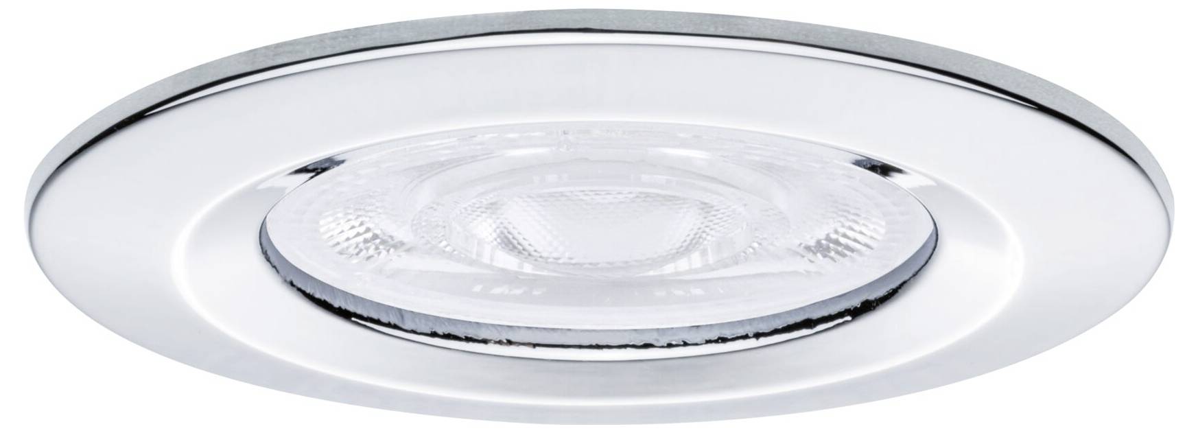 Runde, in die Decke eingelassene Leuchte mit weißem Rahmen und klarer Linse, von unten fotografiert.