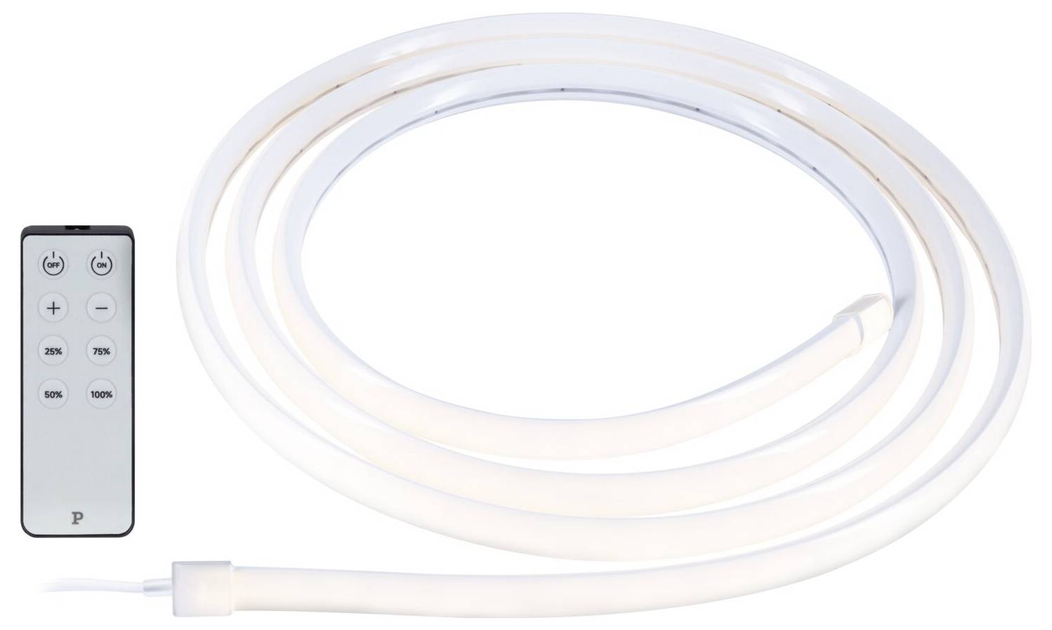 LED-Streifenlicht mit Fernbedienung, aufgerollt mit Stromkabel und Inline-Stecker auf weißem Hintergrund dargestellt.