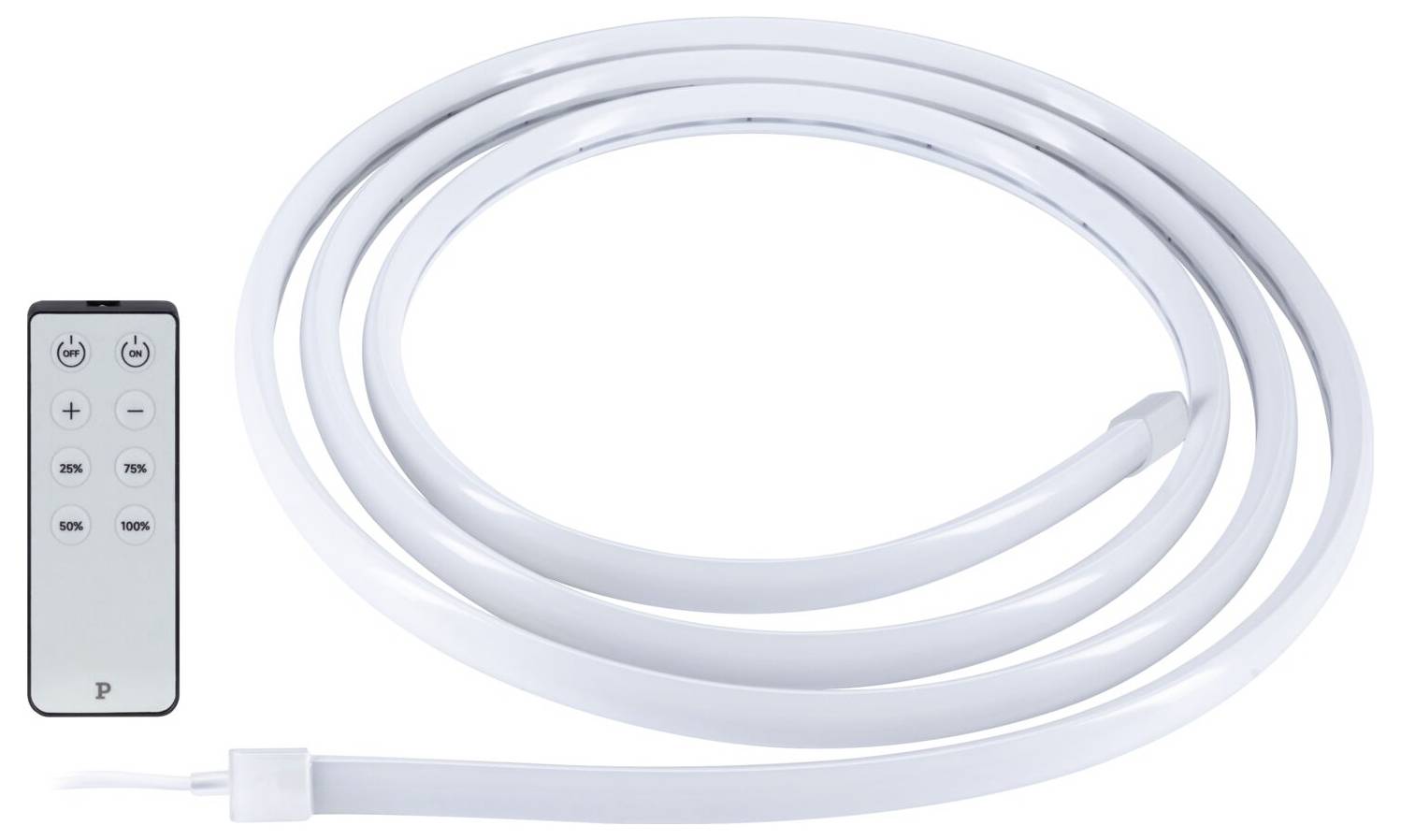 LED-Seilleuchten-Set mit aufgerolltem weißem Lichtstreifen und kleiner Fernbedienung für Helligkeit und Timer-Einstellungen