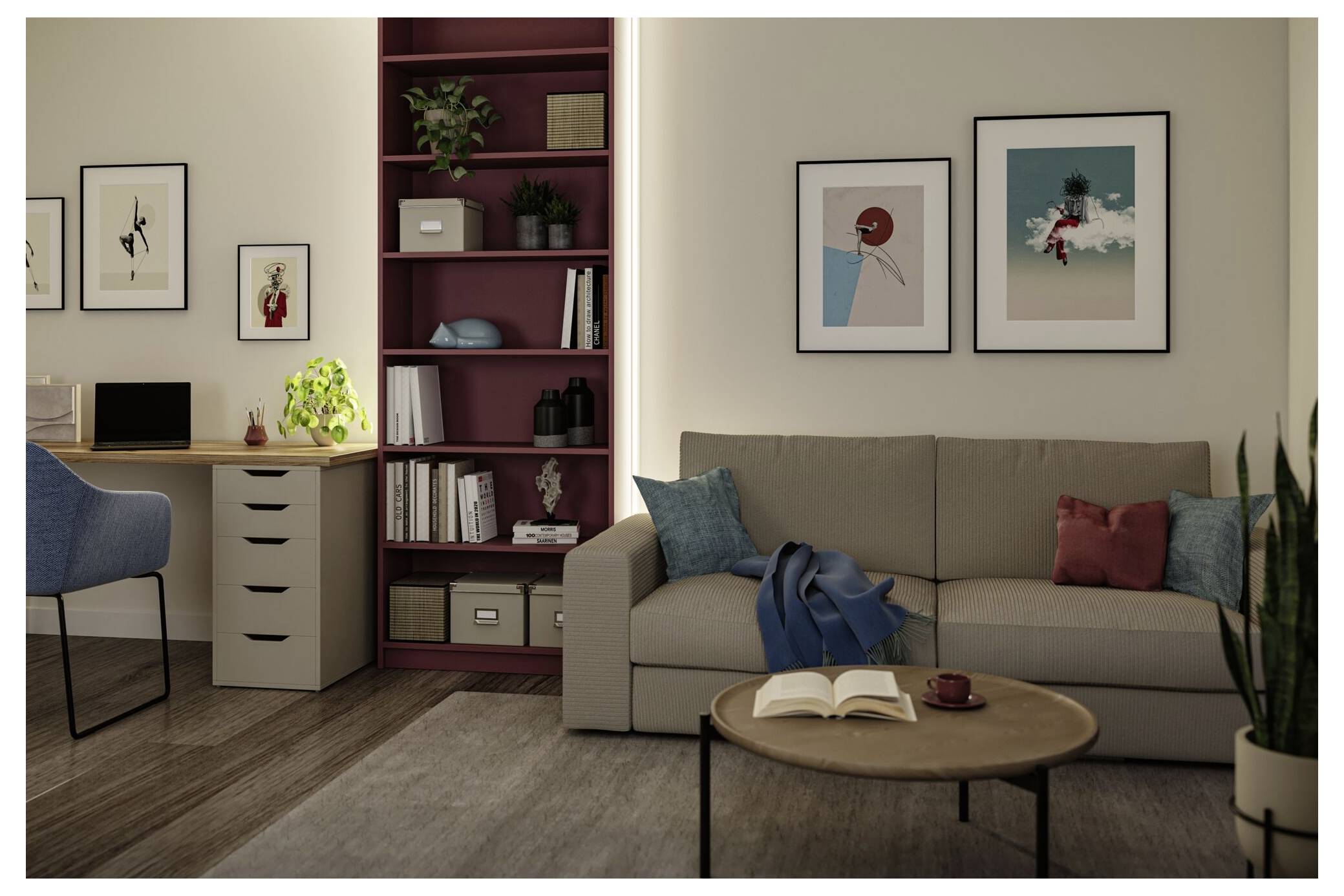 Modernes Wohnzimmer mit beigem Sofa, rundem Couchtisch mit aufgeschlagenem Buch, Schreibtisch und Stuhl, eingebauten Regalen, gerahmten Wandbildern und Topfpflanzen.