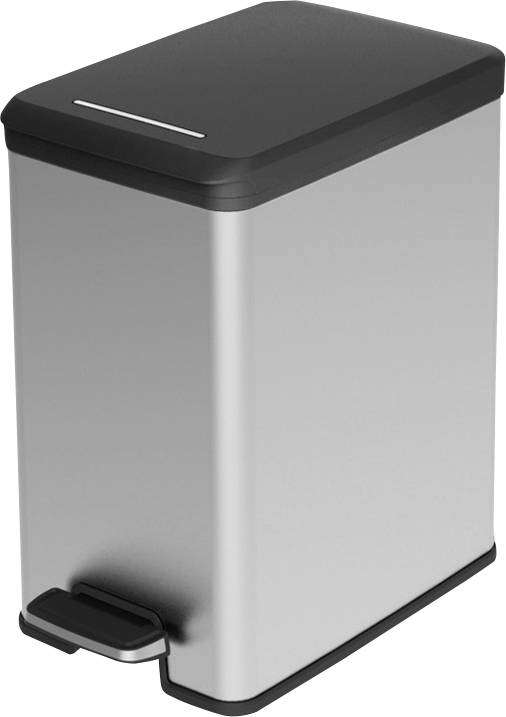 Silberner rechteckiger Trittmülleimer mit schwarzem Deckel und Fußpedal an der Vorderseite, dargestellt auf weißem Hintergrund.